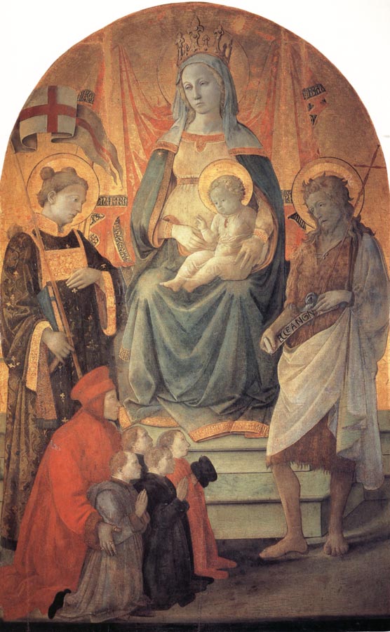 The Madonna and Child Enthroned with Stephen,St John the Baptist,Francesco di Marco Datini and Four Buonomini of the Hospital of the Ceppo of Prato